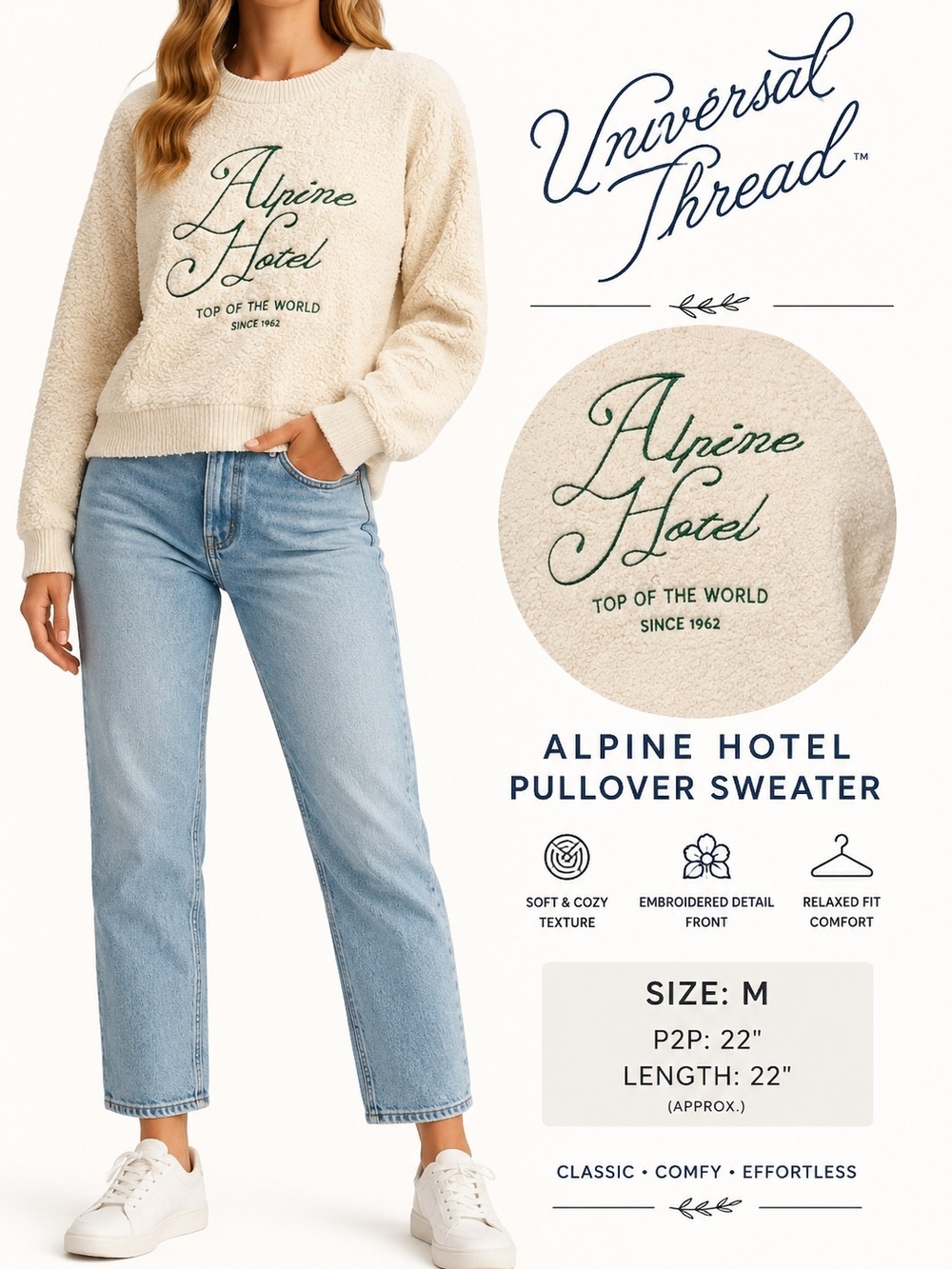 Universal Thread Cream Pullover Sweater with Green Embroidered Logo